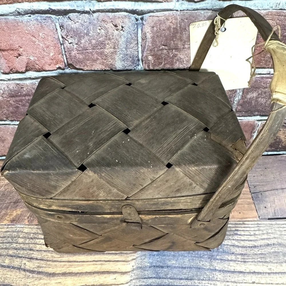 Antique Early 1900's Woven Split Wood Picnic Basket Hinged‎ Primitive Americana